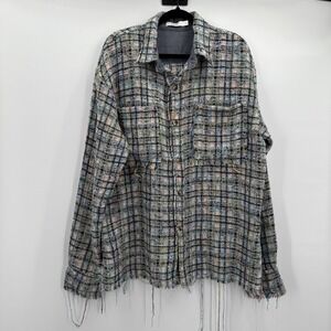 Mnml Shirt Jacket Mens Large Multicolor Boucle Plaid Fringe Button Up Shacket